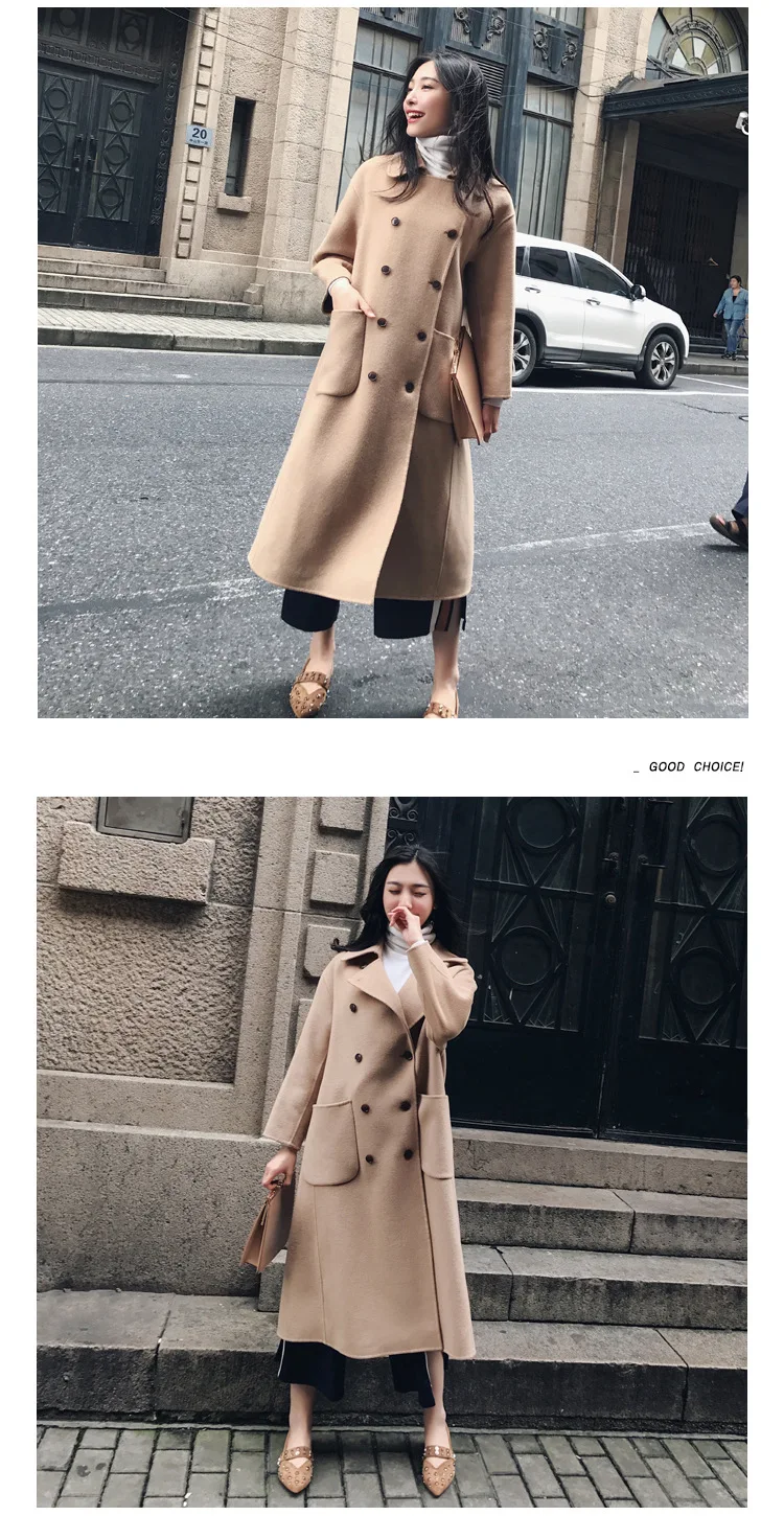 Двусторонняя шерстяное пальто Новинки для женщин длинная куртка с секциями полушерстяные пиджаки женский нагрудные прямо плюс кашемир