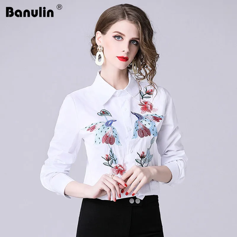 

Banulin Runway Summer Floral Embroidered Blouse Shirt Women Slim White Tops Long Sleeve Blouses Woman Office Shirts plus size