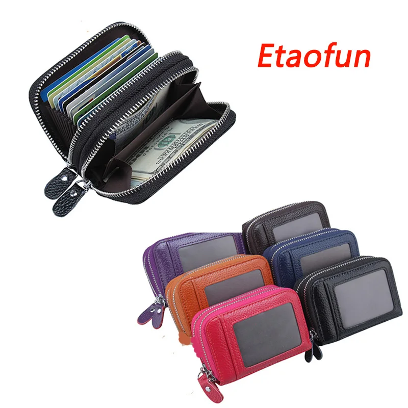 

Etaofun brand fashion Genuine Leather Women Cards Holder Pouch Double Zipper Large Capacity Men ID Credit Card Case Bag Wallets