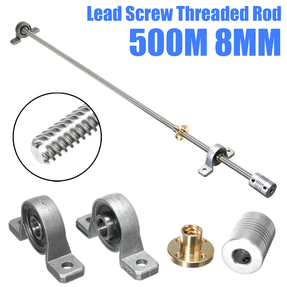 Nut Coupling Shaft Bearing Mount Kit For 3D Printer 500mm T8 8mm Lead Screw Rod 
