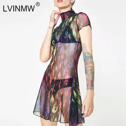 LVINMW пикантные Красочные Пламя сетки печати See Through платье Лето 2019 г. для женщин короткий рукав высокое средства ухода за кожей шеи мини