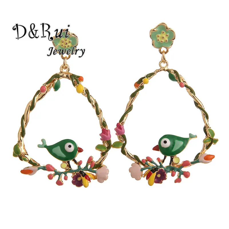 

New Korean Summer Dangle Women Earings Vintage Enamel Bird Gold Alloy Flower Hanging Drop Earring Fashion Woman Earrings 2019