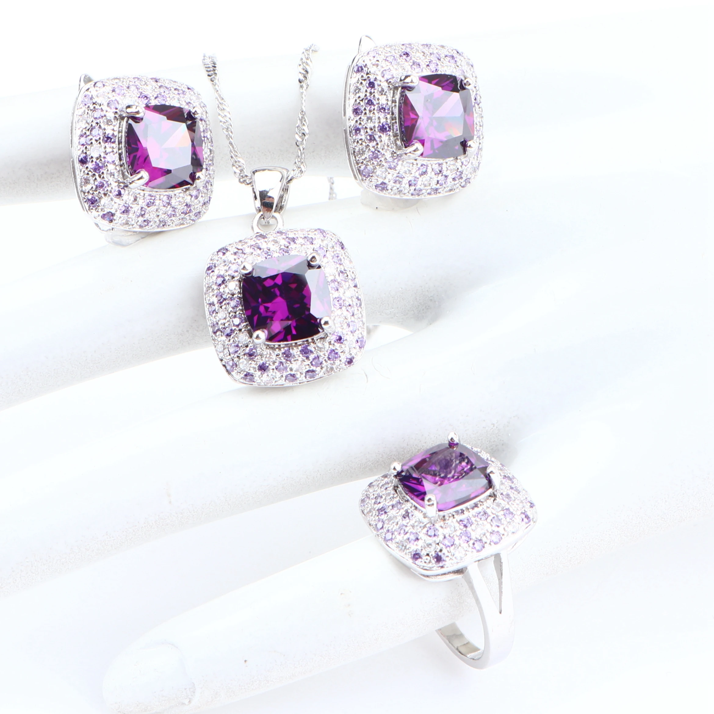 Goede Paars Zirconia Zilver 925 Sieraden Sets Stone Oorbellen Voor Vrouwen Bruiloft Sieraden Armband Ring Ketting Hanger Set Geschenken Box