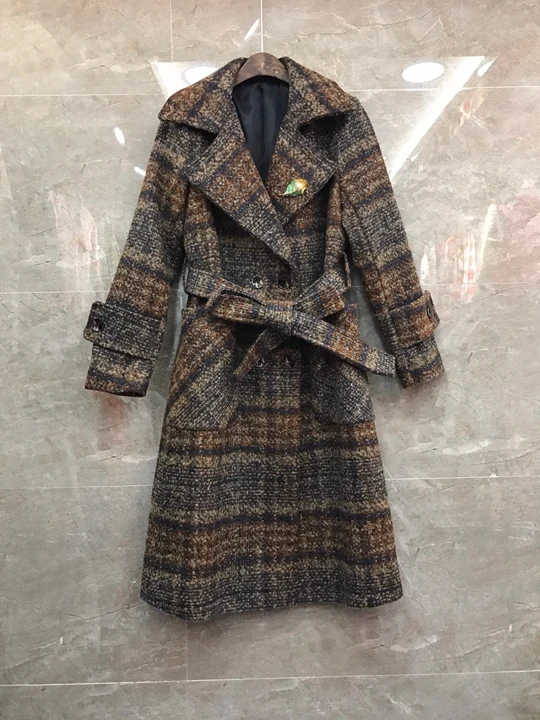 Cravate Milieu Automne long Coupe Marron vent 20181128 Plaid Costumes Veste rétractable D'hiver Taille Et rnRnt