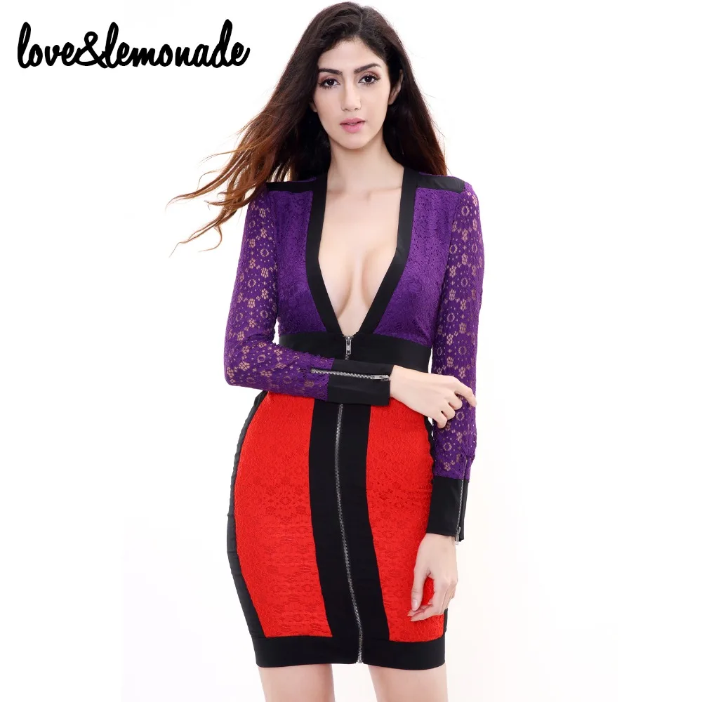 

Love&Lemonade . Purple Orange Stitching Lace V-Neck Party Dress TB 9001