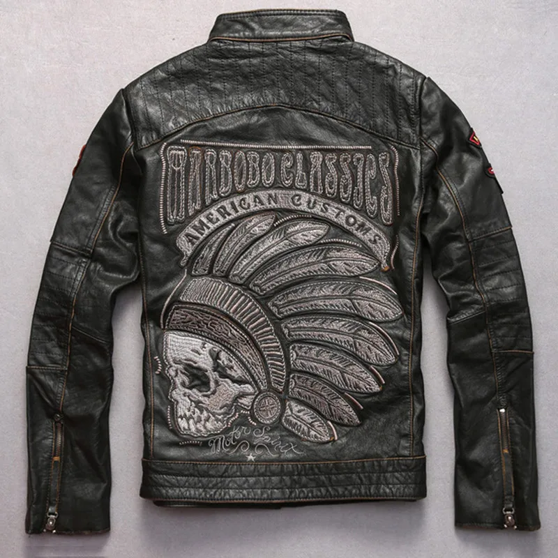 Chaqueta de piel auténtica con calaveras para hombre