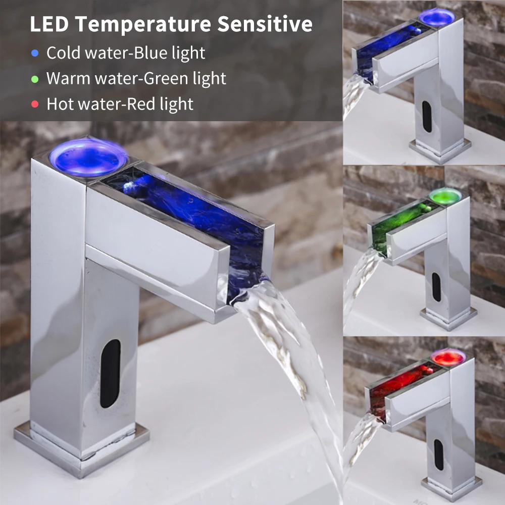 

Automatic Sensor Touchless Faucet 3-Color LED Temperature Sensitive Bathroom Faucet Waterfall Spout Brass Water Tap