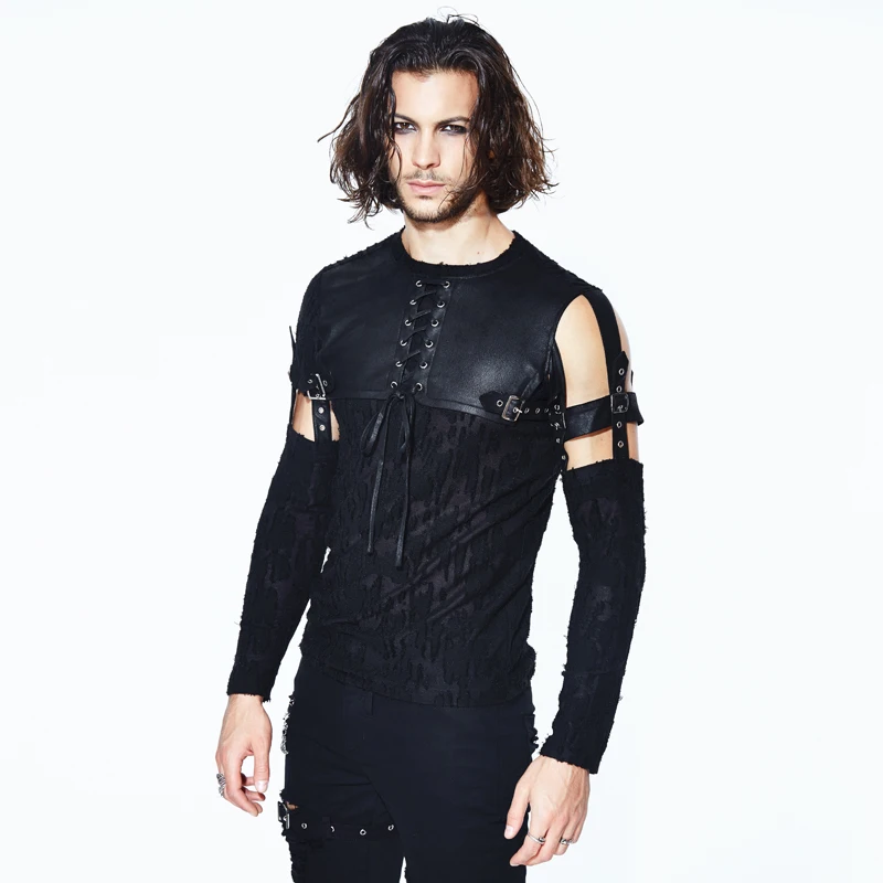

Devil Punk T-shirt Retro Long-sleeved Leather Stitching Top Autumn And Winter Casual Wear Men's Long-sleeved Off-shoulder Top