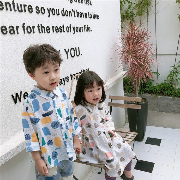 

Spring Summer 2019 boys girls fashion Brother and sister shirt kids cotton long sleeve shirt baby girl casual dresses 1-7Y