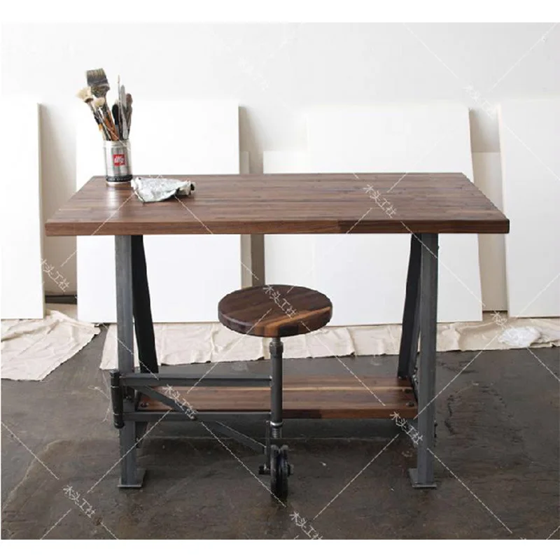 Nordic Industrial vintage wrought iron wood work computer desk folding