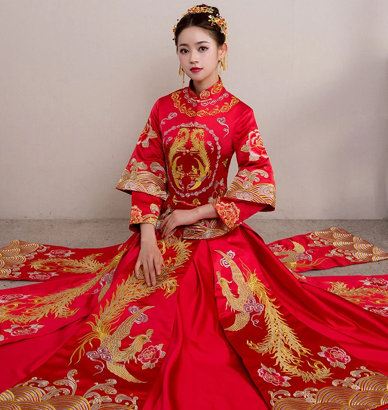

chinese style bride Embroidery cheongsam wedding ceremony Dresses costume evening dress show clothing slim Phoenix Qipao