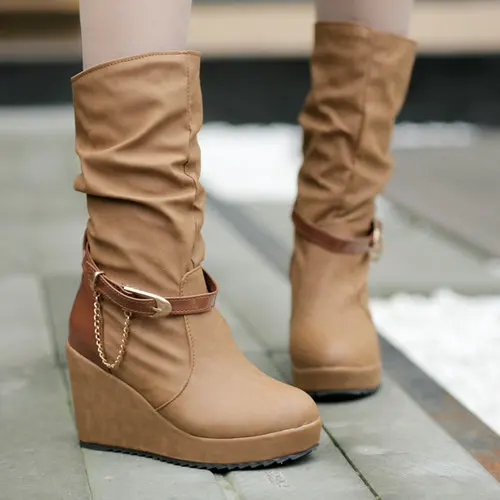 

Factory quality 4 colors winter new arrived sexy high heels boots for women mid-calf buckle PU round toe BOOTS T1HDL-613