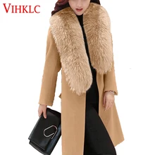 Vihklc Для женщин зима искусственный меховой воротник Шерстяное пальто Для женщин с длинными рукавами Новая мода женское тонкий чистый цвет с капюшоном плотная куртка, шерстяное пальто A200