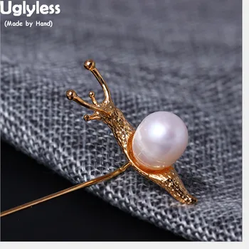 

Uglyless 100% Real Solid 925 Sterling Silver Snail Brooches for Women Natural Baroque Pearls Pins Brooch Gold Plate Fine Jewelry