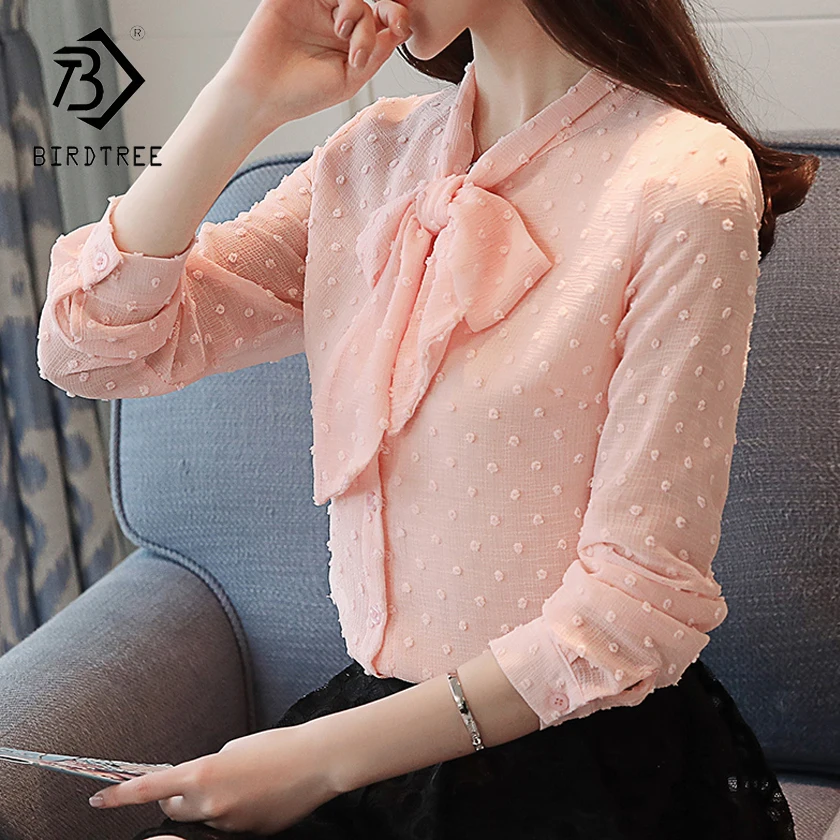 

OL Style Spring 2018 New Elegant Solid Chiffon Blouse Stand Collar Long Sleeves Tops Korean Trendy Loose Blouses T81714L