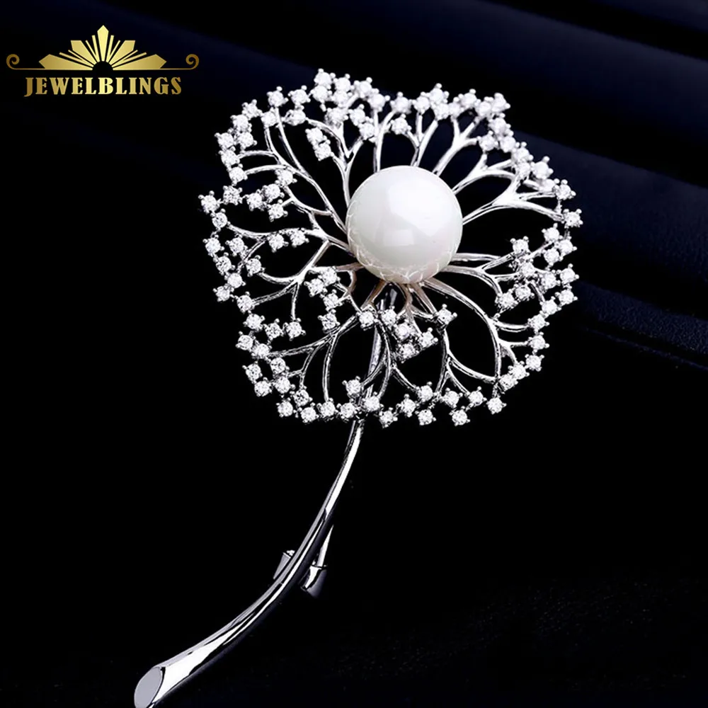 

Antique Shell Pearl CZ Dandelion Brooches in Silver Tone Long Stem Sprout Tinny Stone Spherical Shape Taraxacum Flower Broach