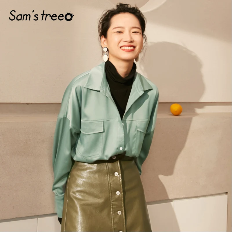 

Samstree Winter Women Blouse Simple Green Loose Female Shirts Turn-down Collar Drop-shoulder Lady Tops