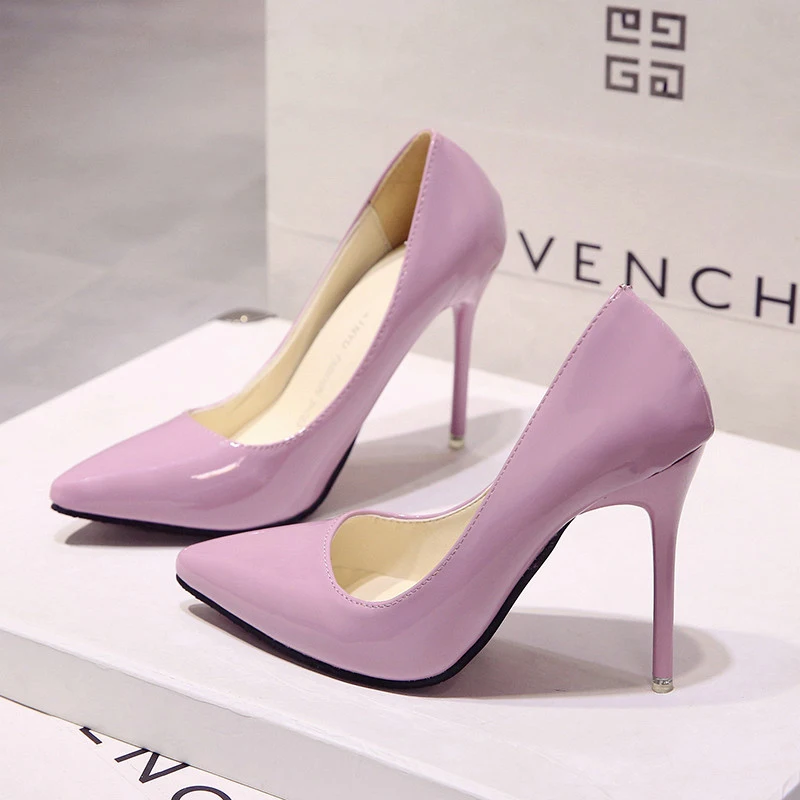 2018 Hot Women Shoes Pointed Toe Pumps Patent Leather Dress High Heels Boat Wedding Zapatos Mujer Blue Wine Red Lady Blue
