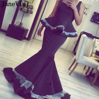 

JaneVini Vintage Black Mermaid Long Evening Dresses 2019 Square Collar Lace Ruffles Sweep Train Formal Arabic Prom Party Gowns