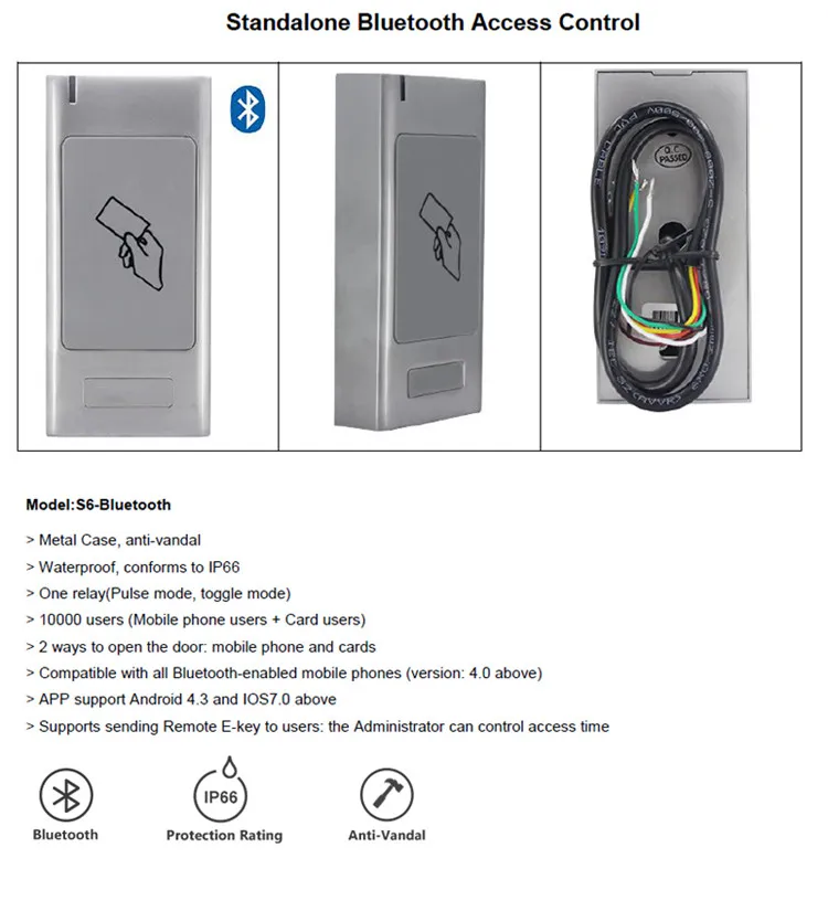 IP66 водонепроницаемый Bluetooth Автономный контроль доступа приложение дистанционное управление Поддержка 125 кГц RFID EM или 13,56 МГц IC кард-ридер