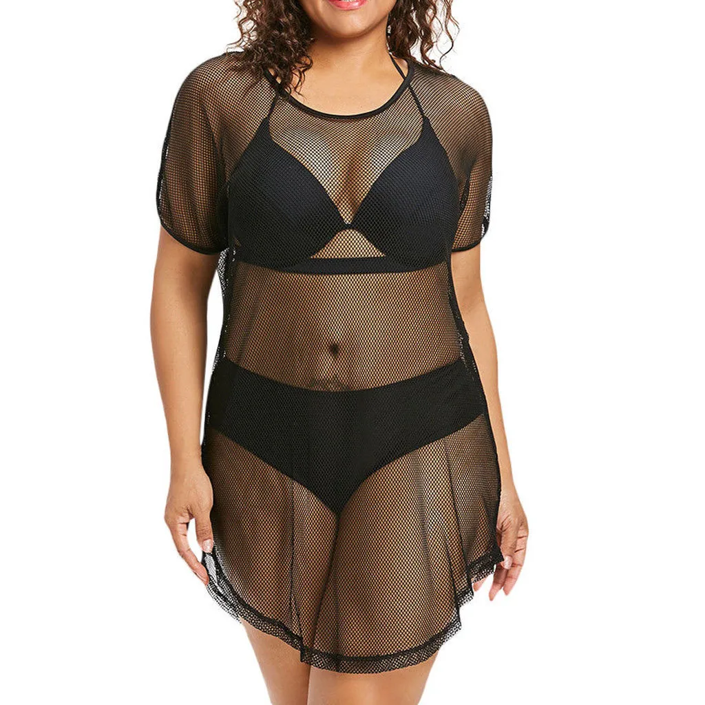 

Women Summer Hollow Out Sexy Plus Size O-Neck Cover Up Swimwear Bathing Mesh Beach Loose Dress Ladies Party Sundress z0501