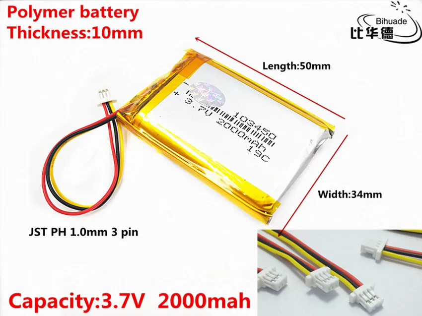 

JST PH 1.0mm 3 pin Good Qulity 3.7V,2000mAH 103450 Polymer lithium ion / Li-ion battery for tablet pc BANK,GPS,mp3,mp4