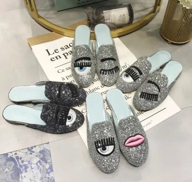 

New Summer Fashion Flat Sequined Cloth Eyes/Mouth/Beads Pattern Women Slippers Multi-Colors Round Toe Muler Women Casual Shoes