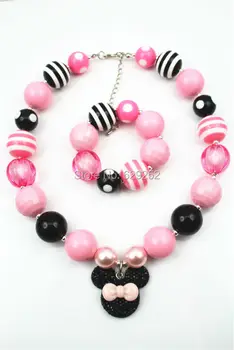 

Wholesale 10pcs Pink Mini chunky Bumbblegum Girl Neckalces&Bracelet Sets for girls and kids CB322