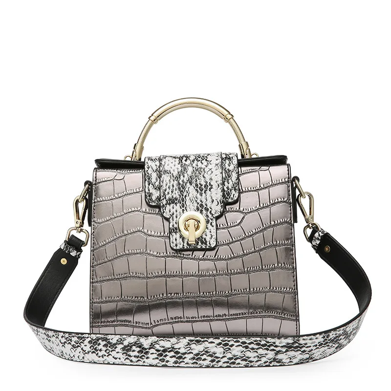 

Gray Leather Women Handbags Luxury Designer Crocodile Pattern Lady Shoulder Bag Summer Metal Handle Hand Bag Purse