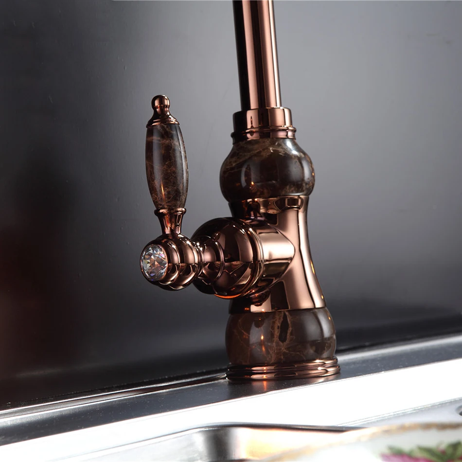 Мраморный дизайн кухонный кран на бортике вращающийся Вращающийся смеситель для раковины с одной ручкой на одно отверстие розовое золото