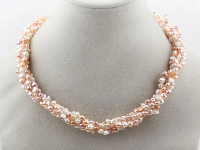 Nice Multi Strand 3 4mm Pink and White Freshwater Pearl Twisted Necklace-in Choker Necklaces 