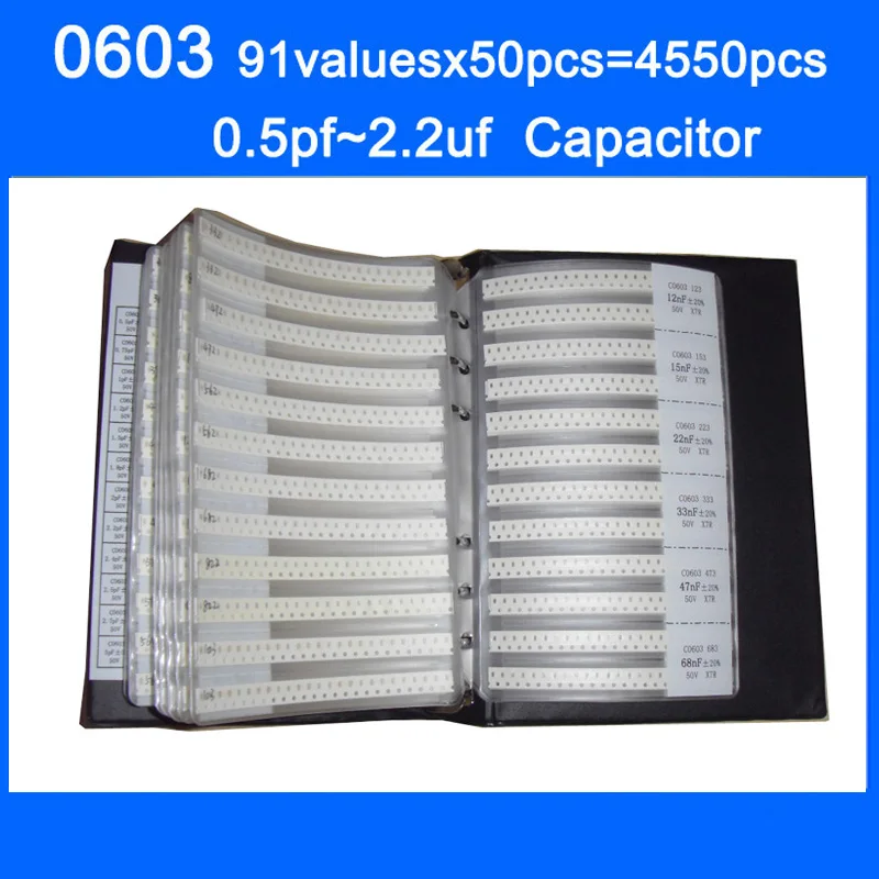Free Shipping 0603 SMD Capacitor Sample Book 91valuesX50pcs=4550pcs 0.5PF2.2UF Capacitor