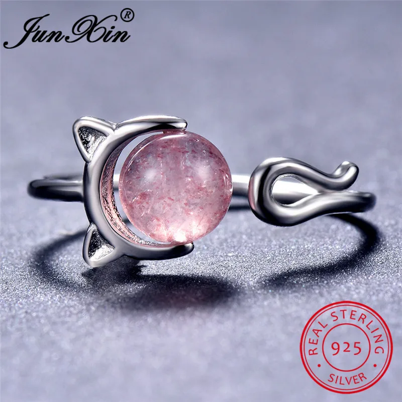 

JUNXIN Real 925 Sterling Silver Open Cat Rings For Women Round Pink Stone Engagement Ring Female Moonstone Forefinger Ring Girls