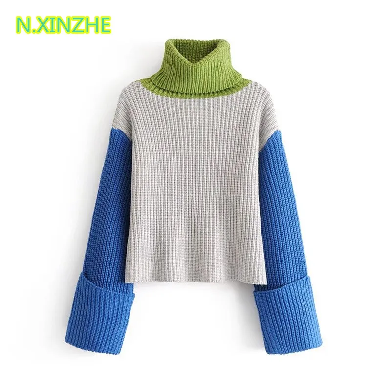 

2018 women clothing long sleeve turtleneck spliced short sweaters knitted Tops Female fashion high street loose cotton pullovers
