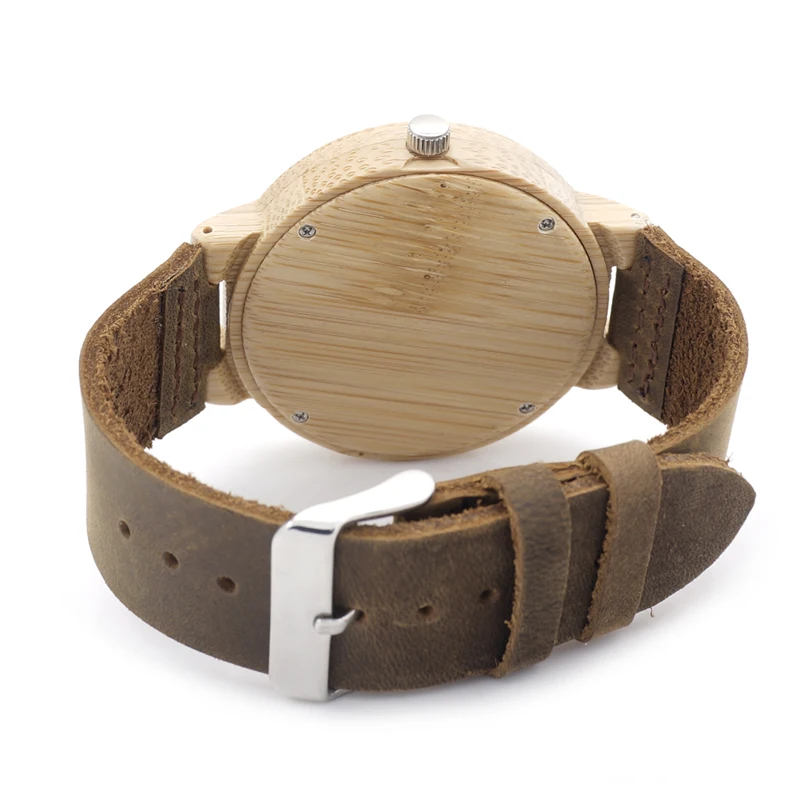 BOBO BIRD Simple Men Watches Bamboo Case Leather Strap Wooden Wristwatch for Male in Gift Box
