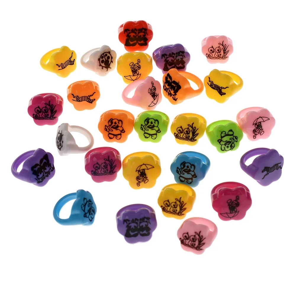 50pcs Kids Colourful Resin Animal Cartoon Rings Plastic Rings Mixed
