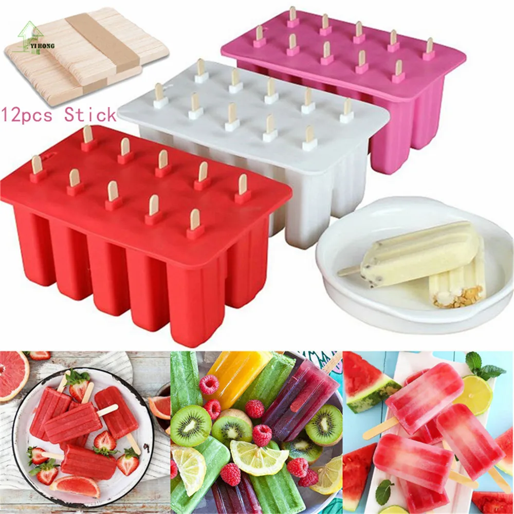 10 Cell Frozen Ice Cream Pop Mold Popsicle Maker Lolly Mould Tray Pan Kitchen Tools DIY With 12 Sticks Red Pink White MAYITR