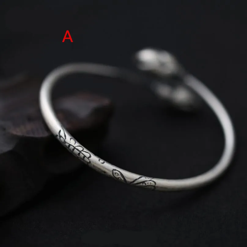 

Handmade Old Retro 990 Sterling Silver Lotus Carved Female Open Bangle (SYF)