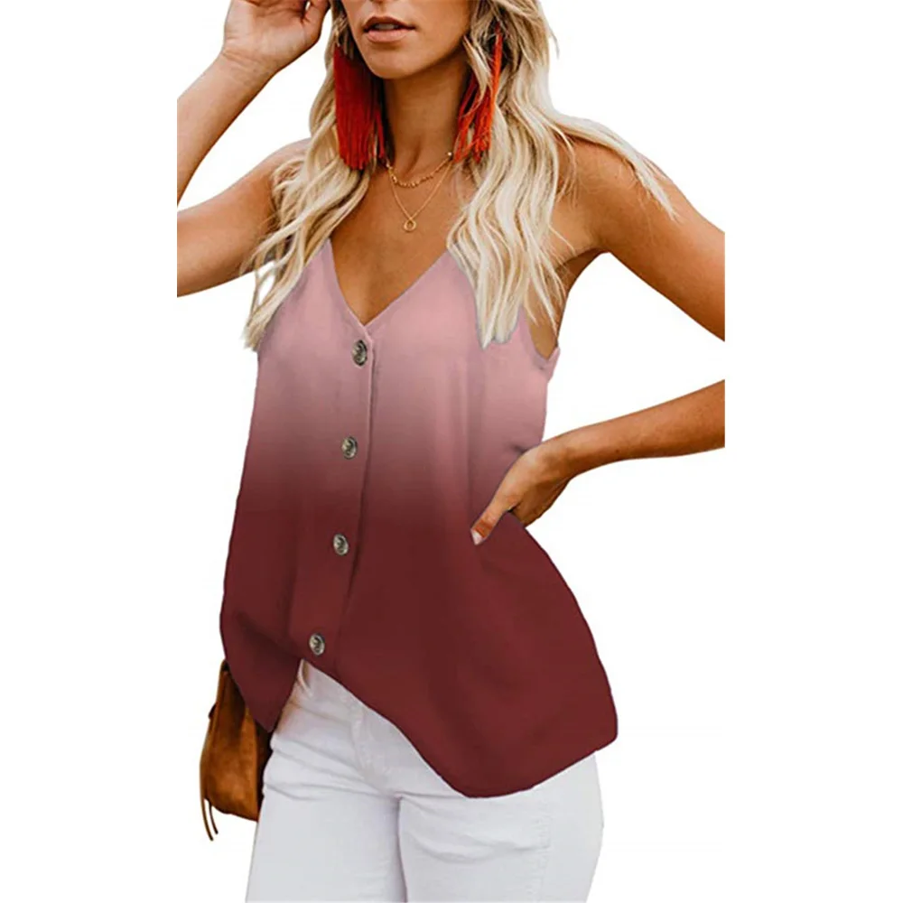 

Beach V-neck Tank Tops Spaghetti Strap Summer Women's Casual Sleeveless Gradient Color Low-cut Camisole Tops