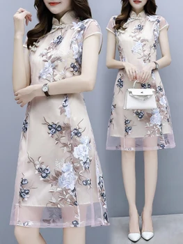 

2020 novelty lace cheongsam chinese traditional embroidery flower dress classic handmade button qipao vestidos