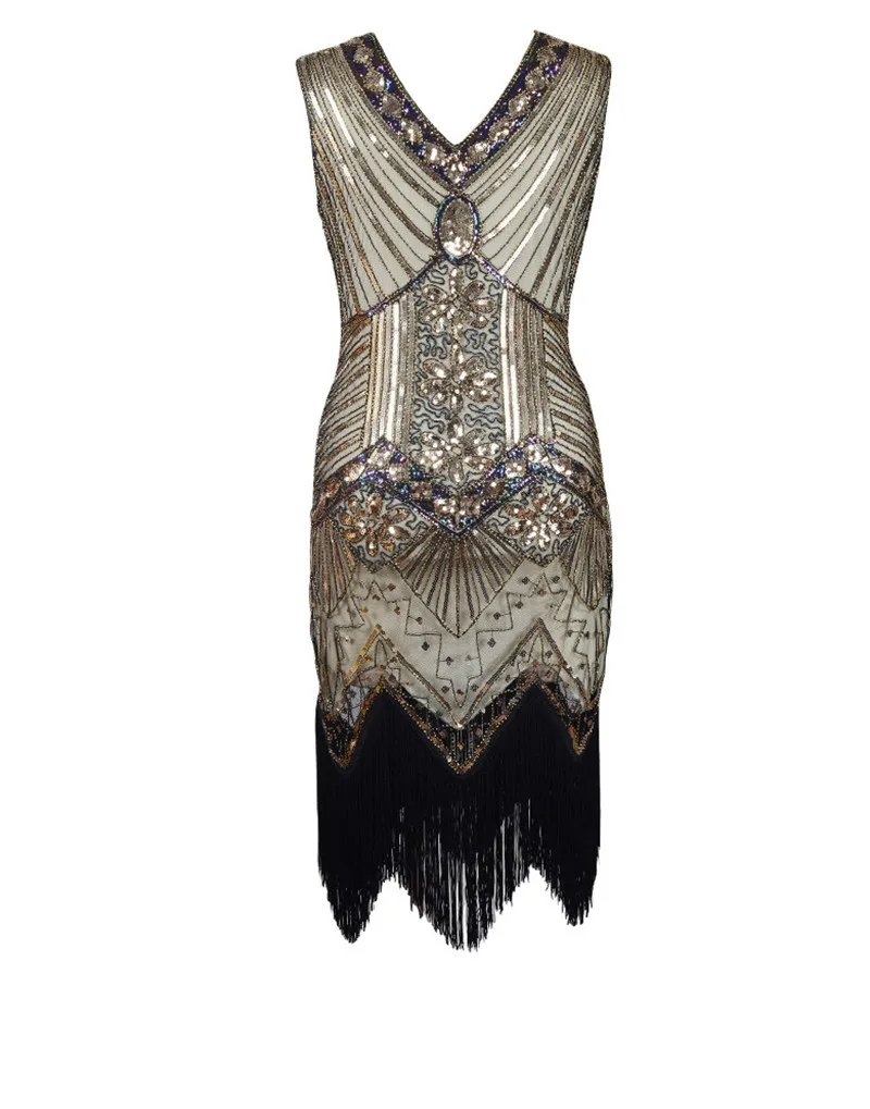 Женский костюм девушки-флаппера 1920 s винтажное платье с v-образным вырезом без рукавов длинное платье с бахромой в бусинах и пайетках платье vestidos