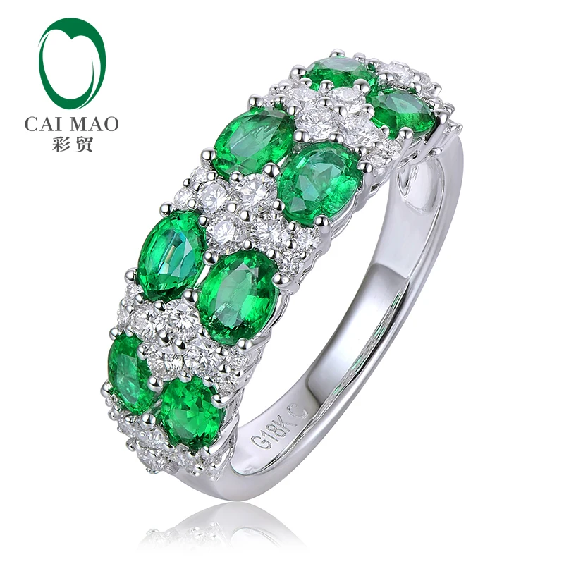 1.42ctw 3X4mm Natural Emerald And 0.63ct Diamond 14K White Gold Engagement Wedding Band