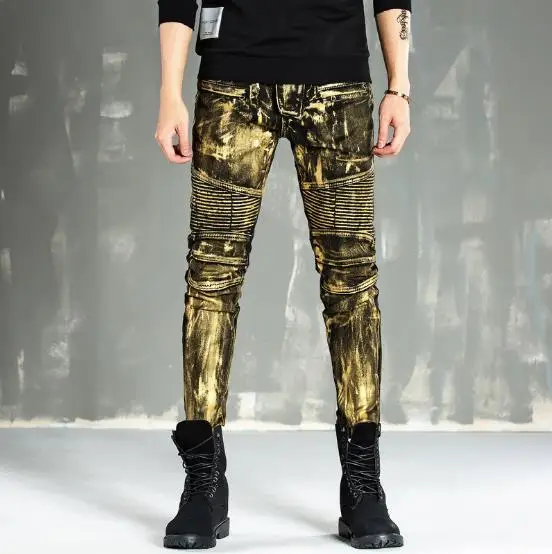 2018 Mens Moto Pants Bling Coated Gold Yellow Biker Jeans Slim Trousers patchwork pantalones hombre Men Jeans Plus Size