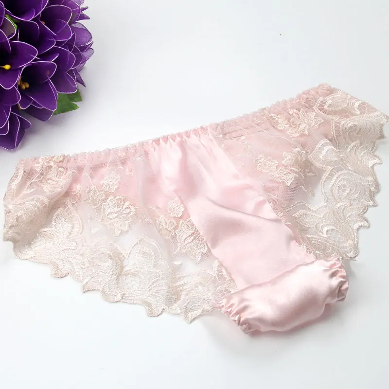 

3pcs/lot Silk panties mulberry silk sexy low-waist briefs lace behind on both sides