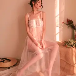 Пикантные Ночное платье для женщин вышивка прозрачный нижнее бельё для девочек белый цветочный ремень пижамы леди пижамы сексуальное