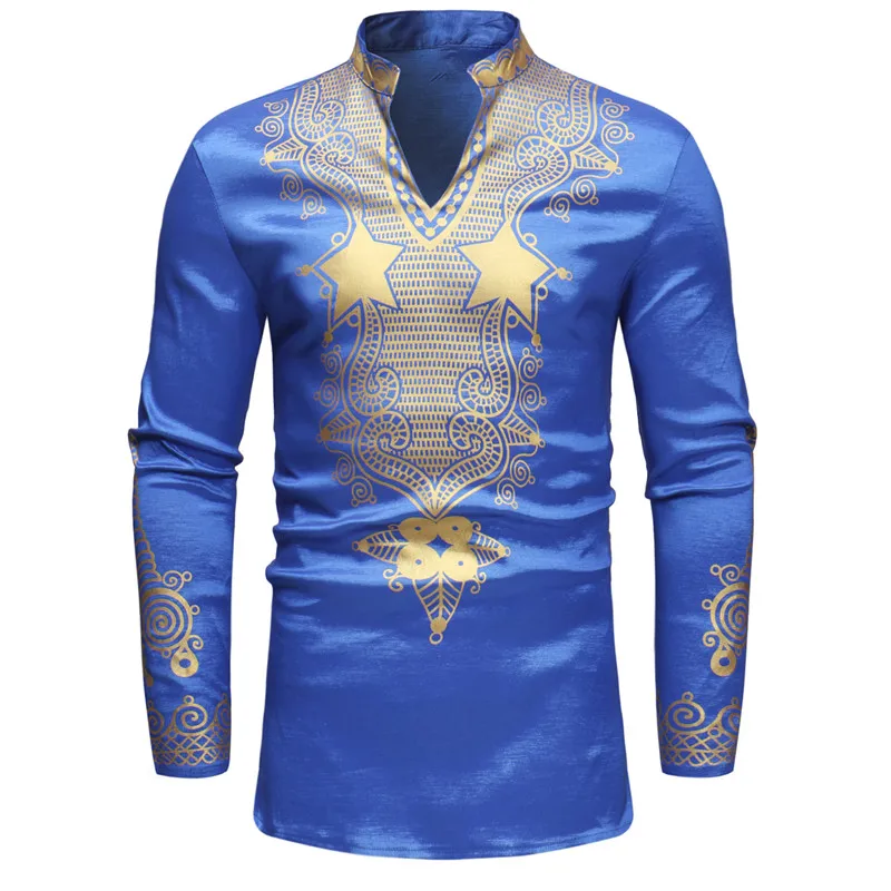 Удлиненный африканская рубашка Dashiki Для мужчин 2018 осенью новый стенд воротник рубашки с длинным рукавом Для мужчин традиционные