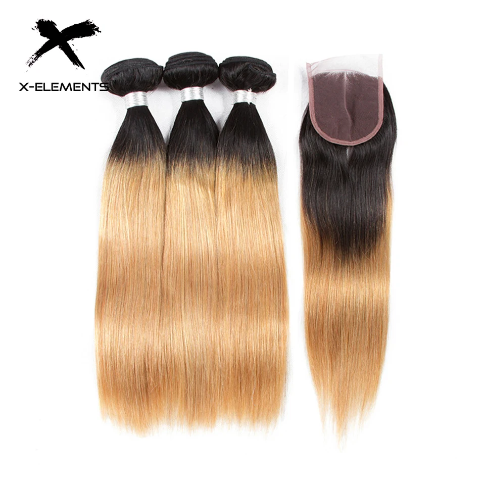 X-Element Brazilian Ombre Straight Hair Bundles With Closure T1B 27 Ombre Human Hair Weave With Closure 2 Tone Hair with Closure (1)