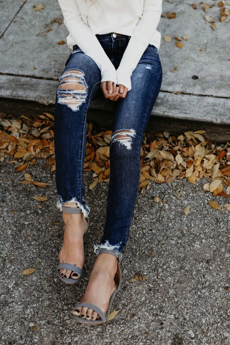 Новый Высокая талия джинсы для женщин женские рваные синие мотобрюки джинсовые брюки с дырами хлопок стрейч Bodycon женские пикантные узкие