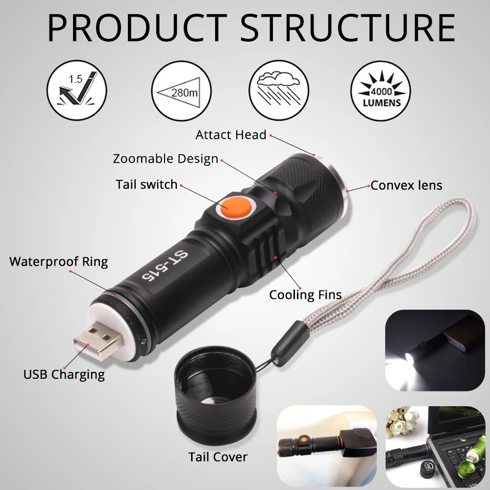 USB Rechargeable Bike Light LED 8000 Lumen Bicycle Flashlight Waterproof ultra bright Flash light Built-in 18650 Battery