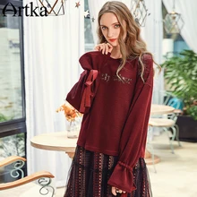 ARTKA Осенняя Новинка Женские винтажные футболки с расклешенными рукавами и отстегивающейся лентой с буквенным принтом TA10682Q